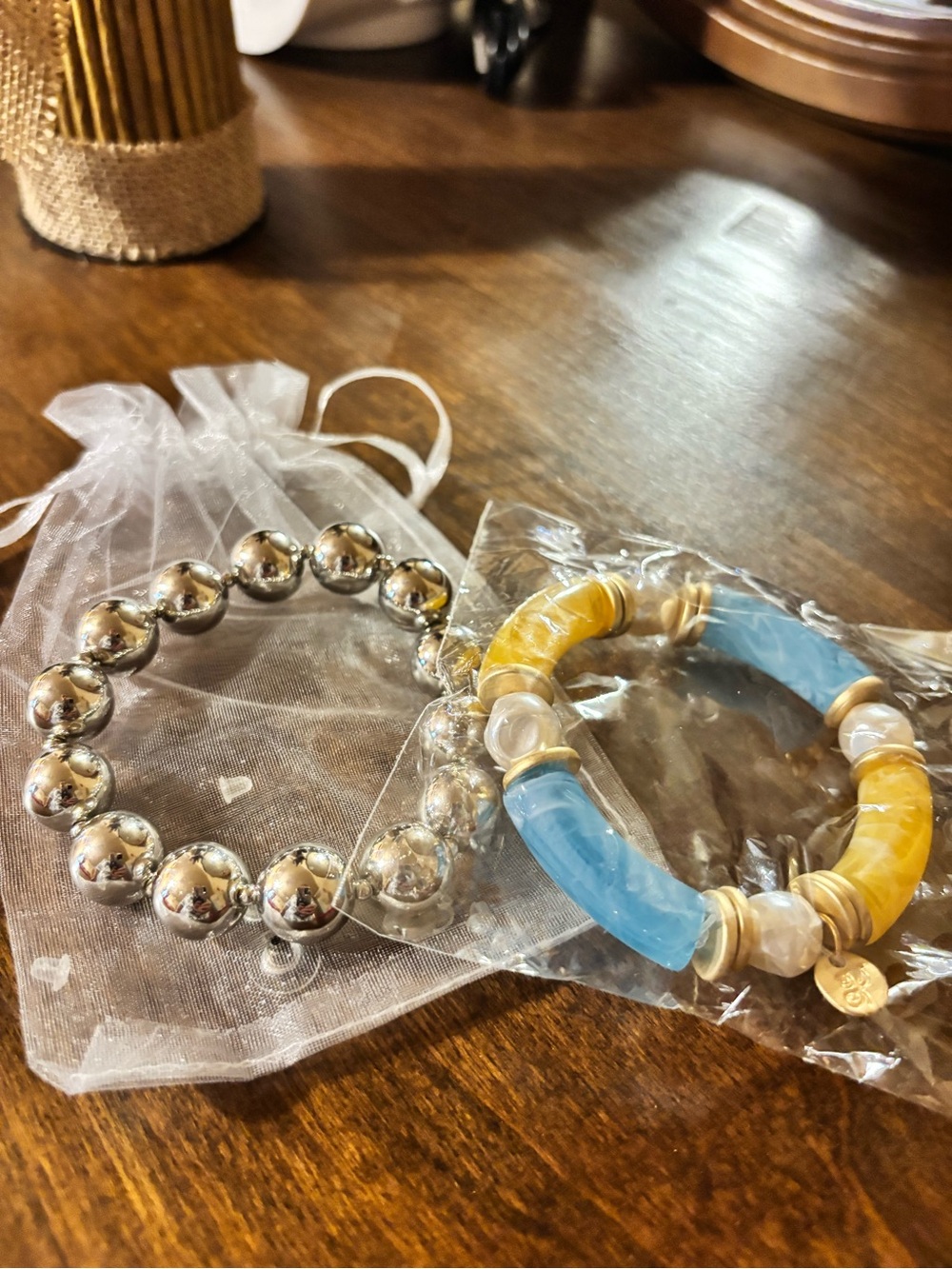 Plunder Silver Bead Bracelet & Blue and Yellow Resin Link Bracelet